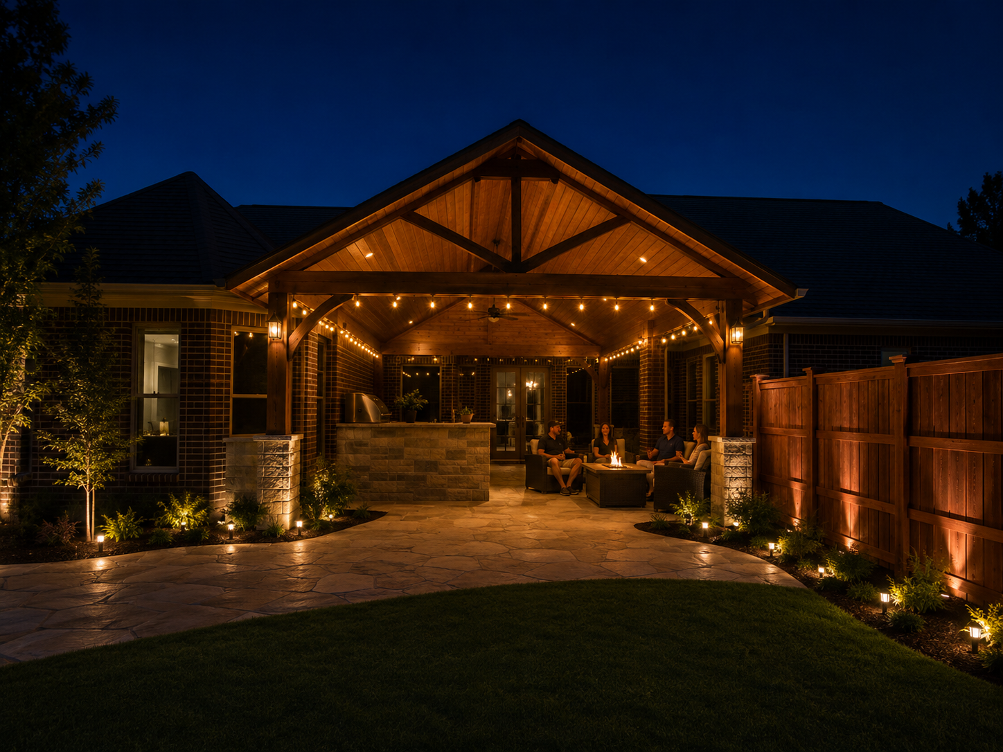Covered patio, pergola, and cedar privacy fence at dusk